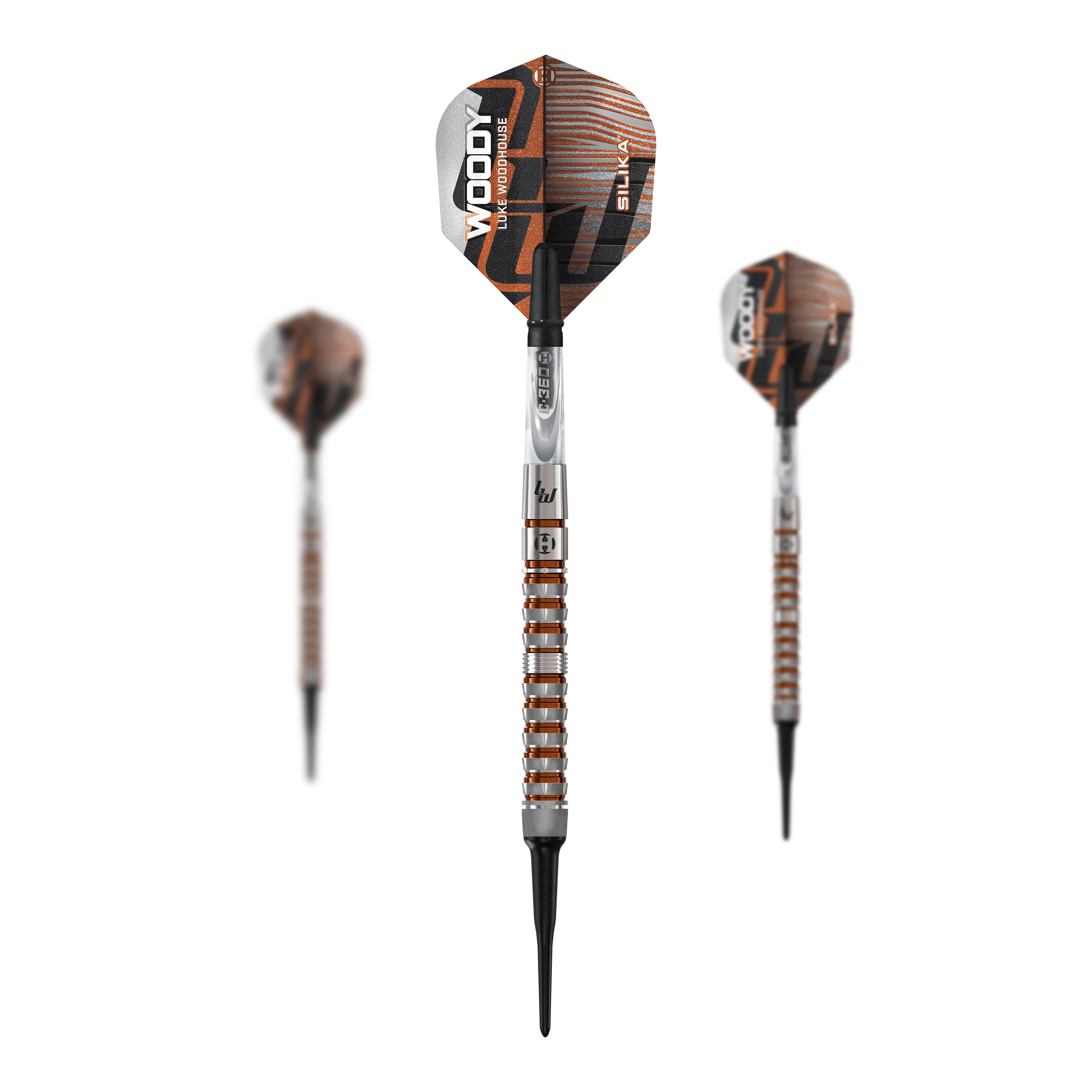 Die Abbildung zeigt die Harrows Luke Woodhouse Series 3 Softdarts mit einem Gewicht von 18g. Das Produkt ist für das Softdartspiel geeignet.